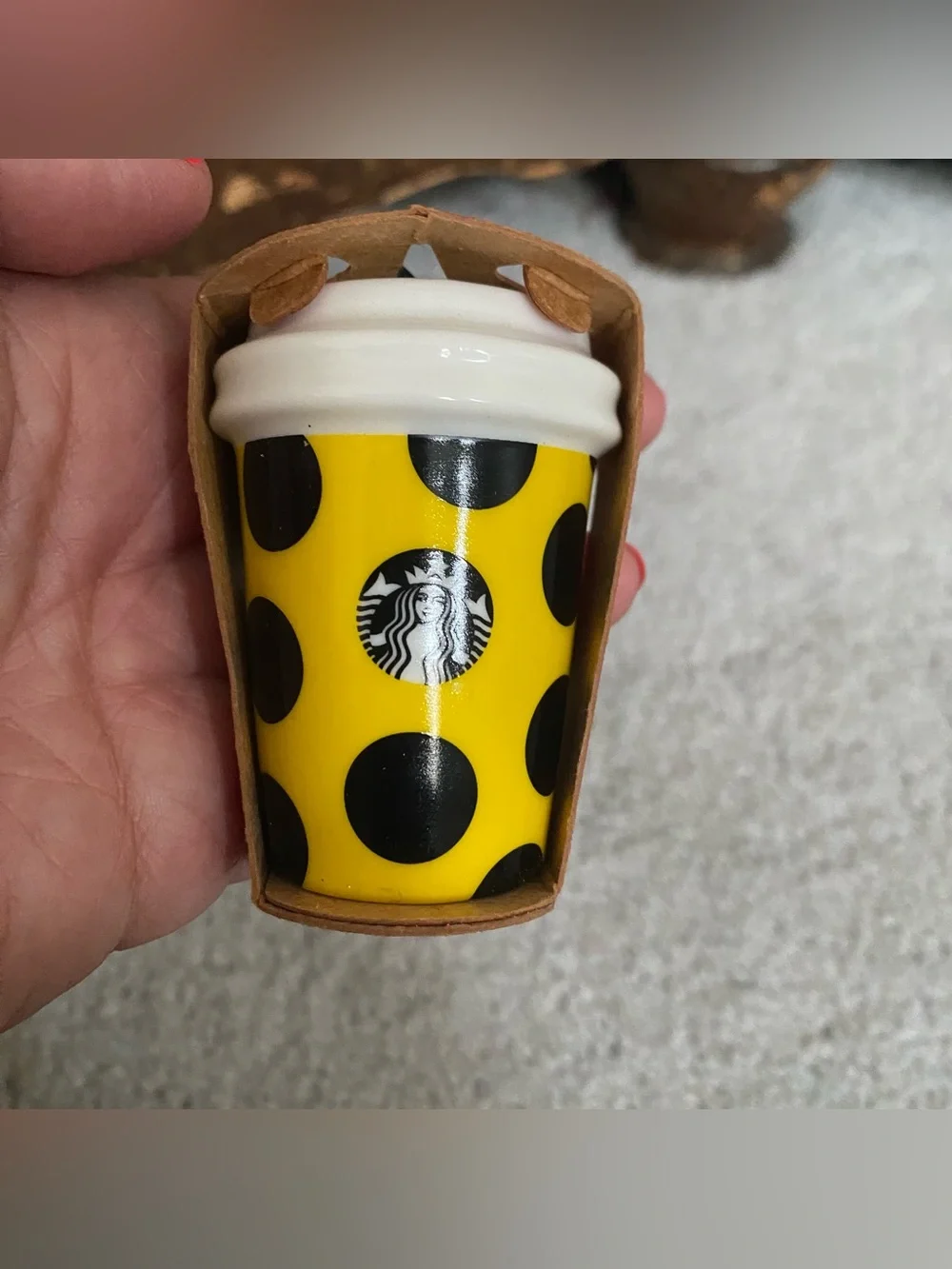 Starbucks Yellow Polka Dot Ornament - Mini Coffee Cup